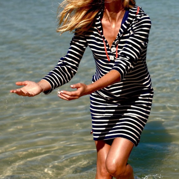 Boden Navy Blue White Stripe Terry Cloth Towelling Hoody Swim Coverup Dress - Picture 1 of 12